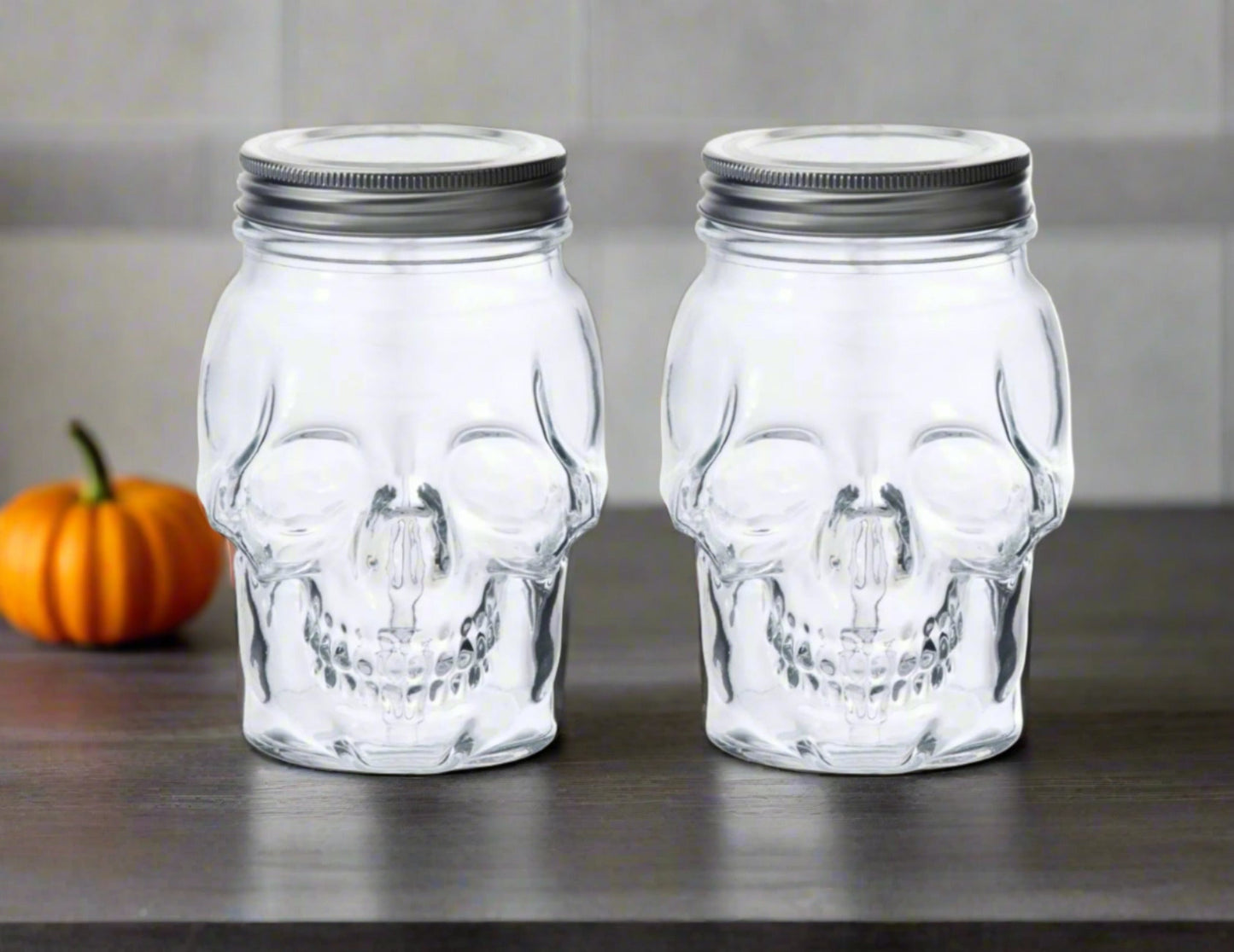 Skull Mason Jar with Lid, 4-Piece Set (2 skull Mason Jars & 2 Lids) 16oz, Clear