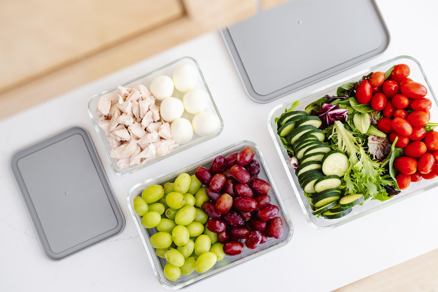 Glass Food Storage Containers - 6 Piece (3 Containers + 3 Lids) Rectangular Nesting Space-Saving Set