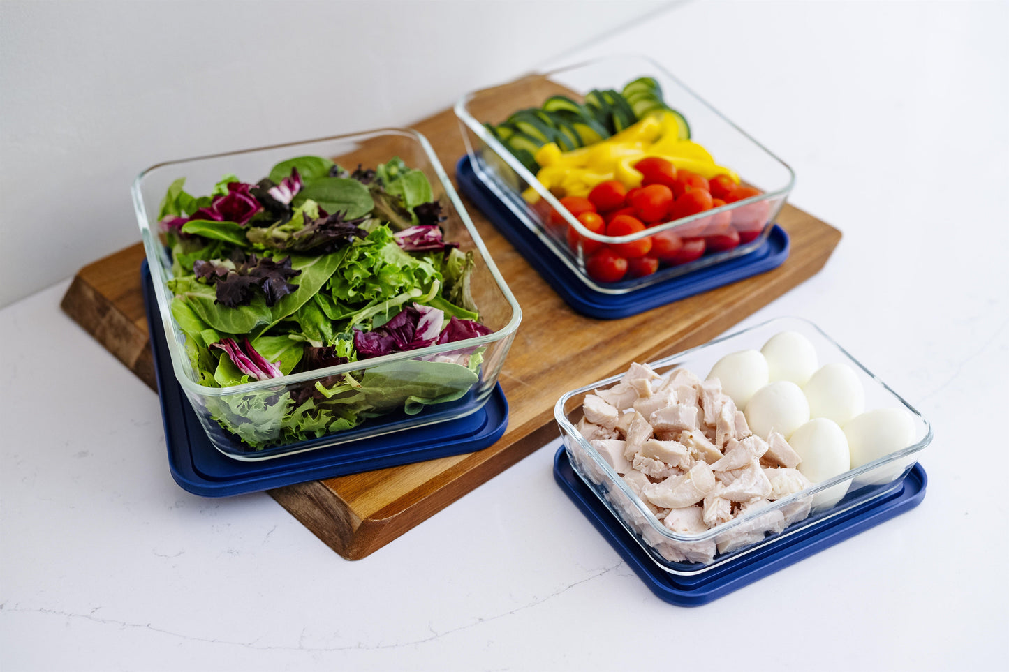 Glass Food Storage Containers - 6 Piece (3 Containers + 3 Lids) Rectangular Nesting Space-Saving Set