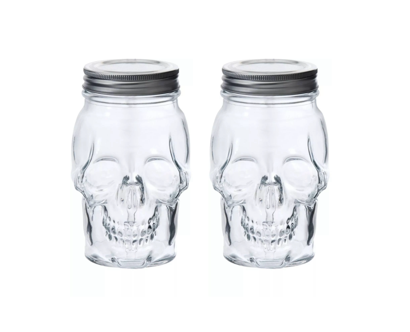 Skull Mason Jar with Lid, 4-Piece Set (2 skull Mason Jars & 2 Lids) 16oz, Clear