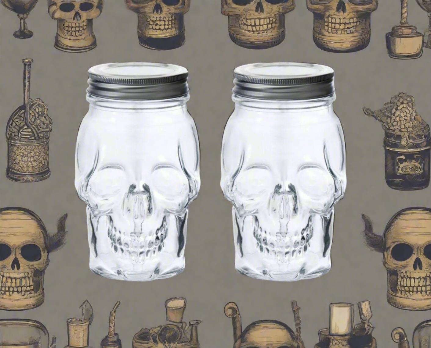 Skull Mason Jar with Lid, 4-Piece Set (2 skull Mason Jars & 2 Lids) 16oz, Clear