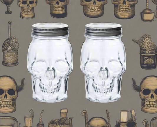Skull Mason Jar with Lid, 4-Piece Set (2 skull Mason Jars & 2 Lids) 16oz, Clear