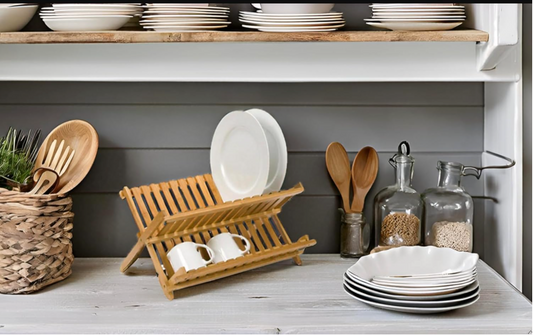 Bamboo Dish Drying Rack - 2-Tier Foldable Dish Rack for Kitchen Counter