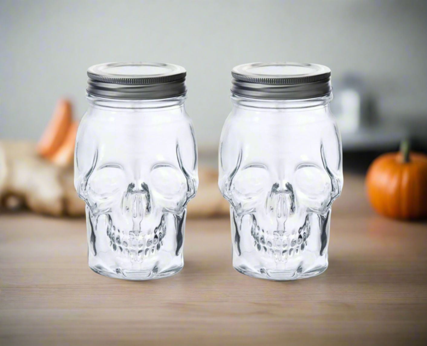 Skull Mason Jar with Lid, 4-Piece Set (2 skull Mason Jars & 2 Lids) 16oz, Clear