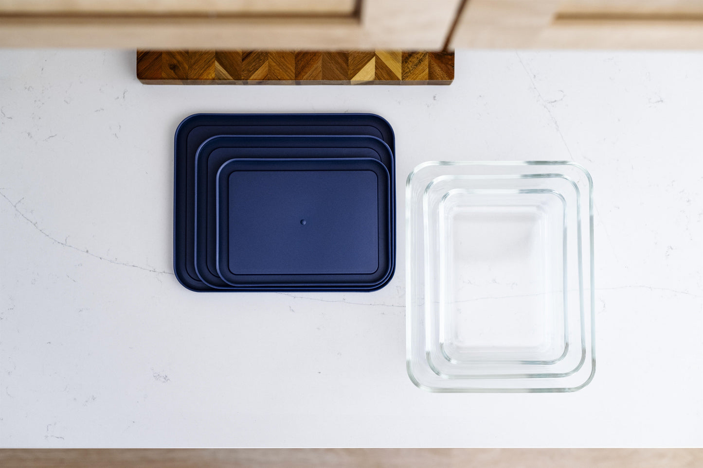 Glass Food Storage Containers - 6 Piece (3 Containers + 3 Lids) Rectangular Nesting Space-Saving Set